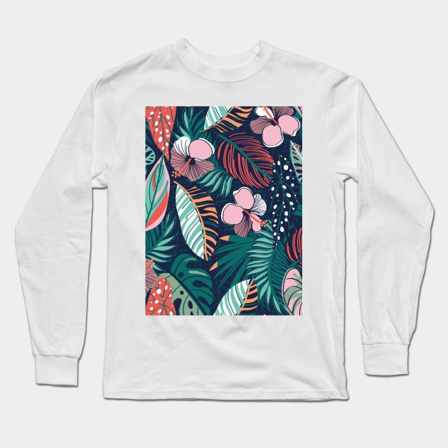 Moody tropical night // pattern // oxford blue background coral spearmint papaya orange jade and pine green leaves cotton candy pink and dry rose hibiscus flowers Long Sleeve T-Shirt by SelmaCardoso